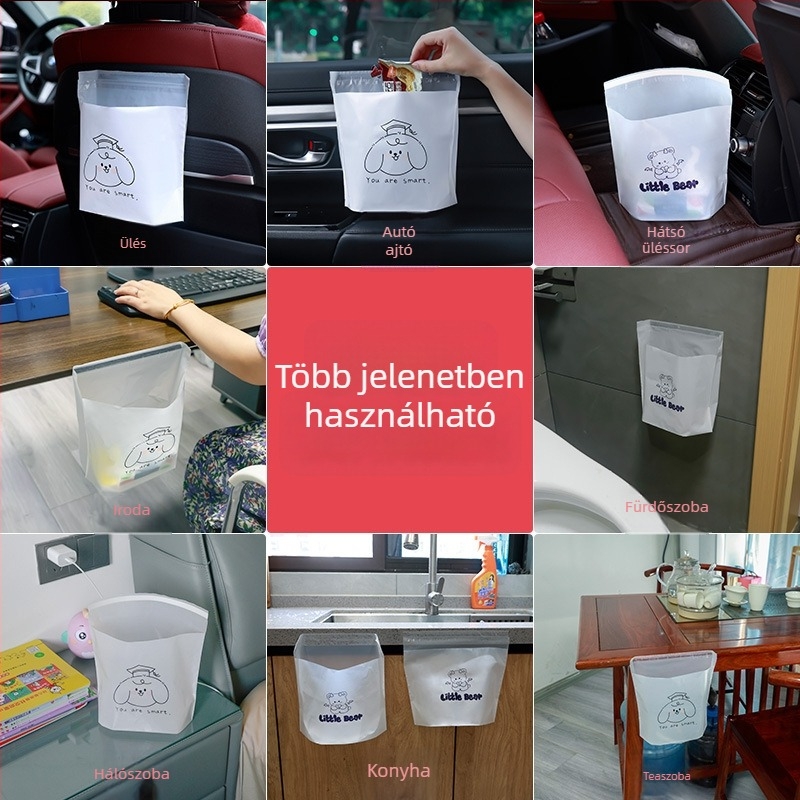 Autóba illeszthető önálló szemetes ragasztó tasakkal, egyszer használatos belső tároló