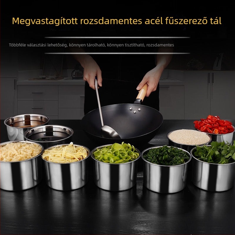 304 rozsdamentes acél ízesítő készlet: vastag falú ízcsésze, többfunkciós tojáskeverő tál, fűszertartó és olajtartó edény