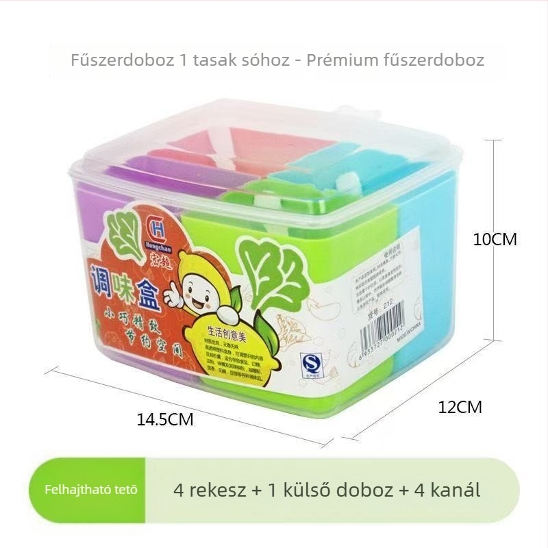 Háztartási fűszerdoboz négy rekesszel, leválasztható és mosható, konyhai fűszertartó készlet, sótartó felnyitható fedéllel és MSG-tároló