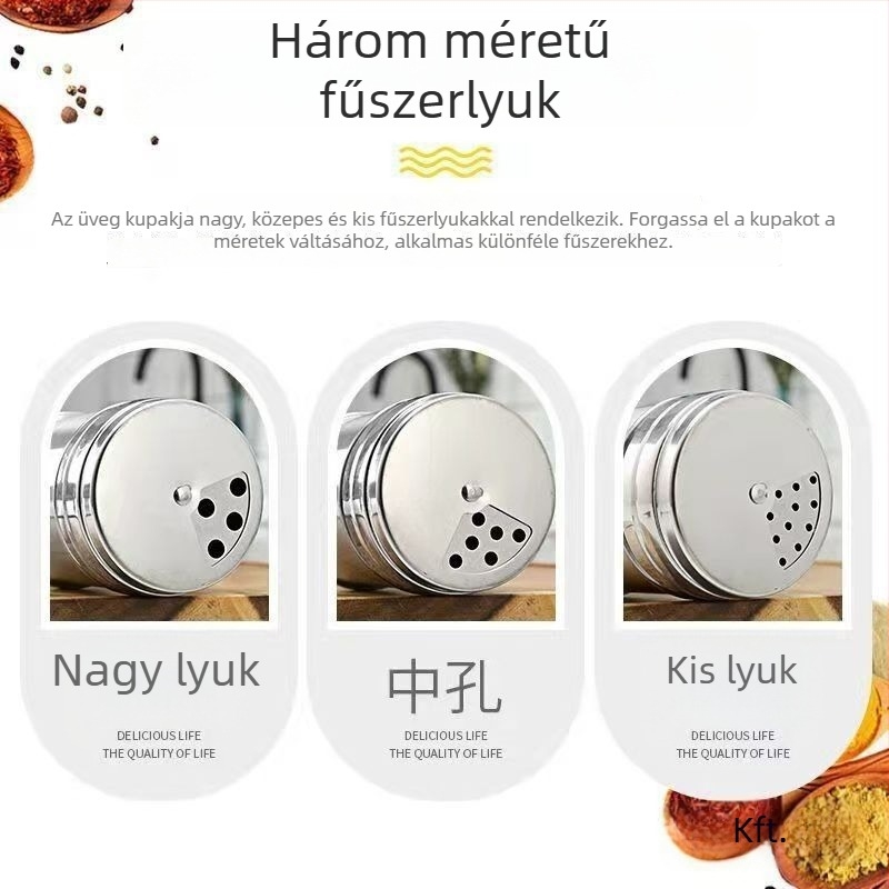 Rozsdamentes acélból készült fűszertartó fogpiszkáló tartóval; bors- és barbecue-üveg