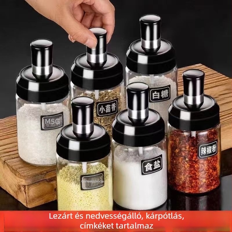 Üveg fűszertartó készlet integrált kanállal és fedéllel, konyhai tároló üvegek