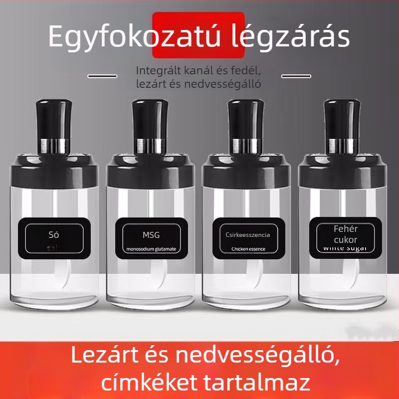 Üveg fűszertartó készlet integrált kanállal és fedéllel, konyhai tároló üvegek