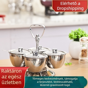 304 rozsdamentes acél fűszertartó készlet forgó fűszertartó üvegekkel, három és négy ízű variációk, lézergravírozott logó
