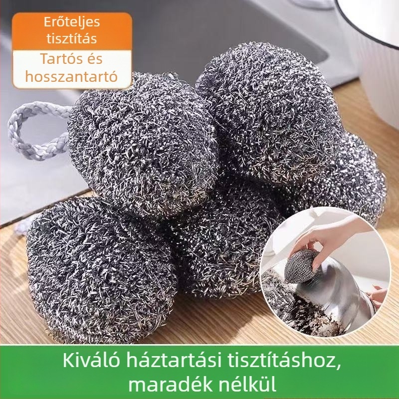 Rozsdamentes acélból készített mosogatógolyó akasztózsinórral, konyhai edények tisztítására