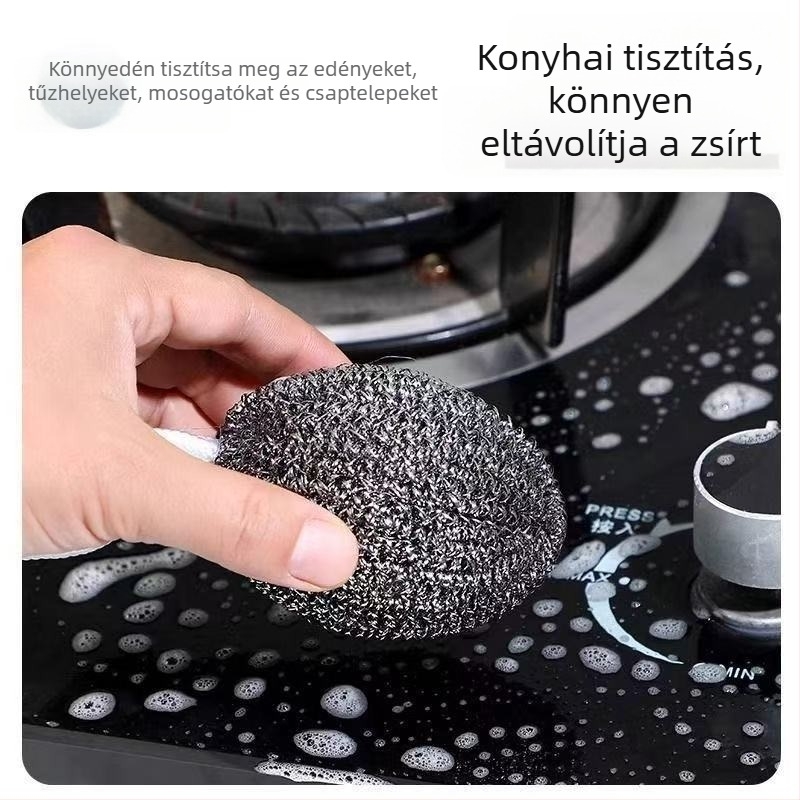 Rozsdamentes acélból készített mosogatógolyó akasztózsinórral, konyhai edények tisztítására