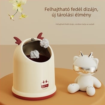 Érintéses fedelű asztali szemetes, hordó alakú, kapacitás 4 L alatti, otthonra és irodába.