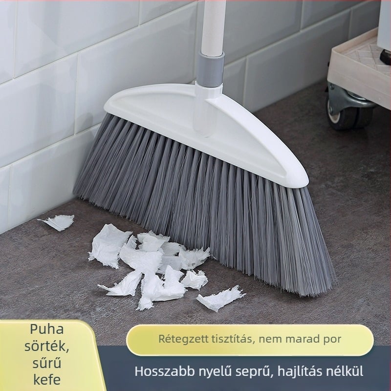 Hosszú nyelű háztartási seprű puha sörtékkel, nem ragad a hajra, hatékony por- és szennyeződés felszedése a padlóról; műanyag fej, rozsdamentes acél nyél