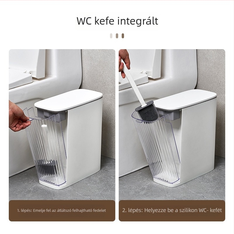 Fürdőszobai szemetes fedővel és WC-kefével, keskeny kivitel, ujjnyomásos nyitó mechanizmus