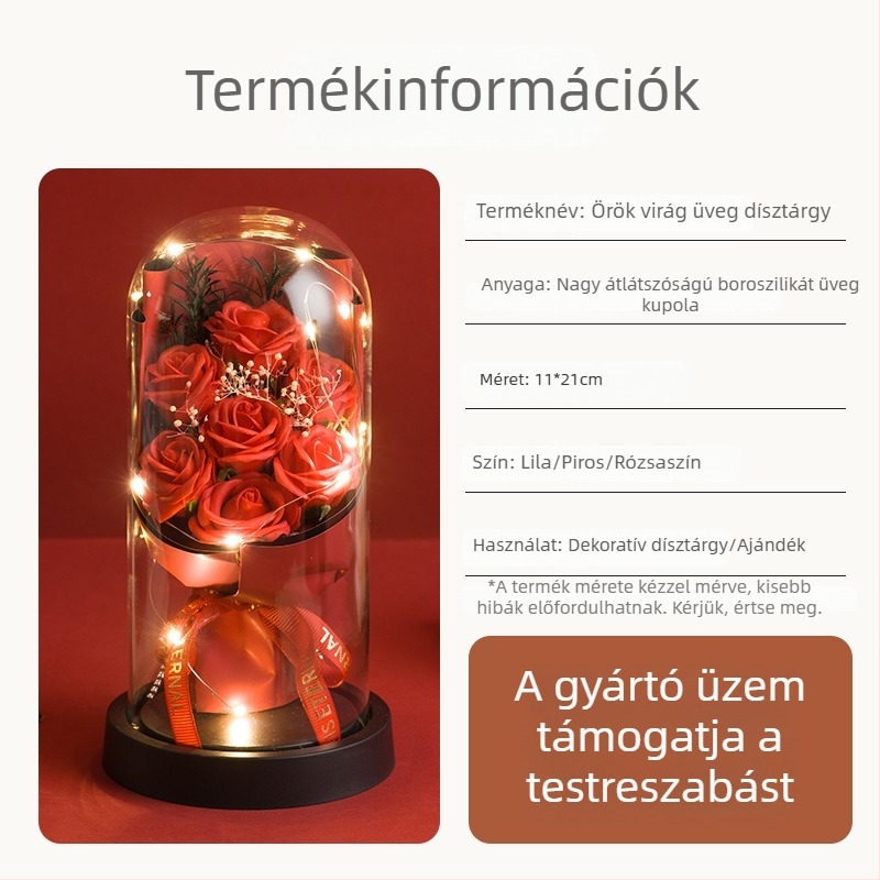 Szappanvirág megőrzött rózsa üveggömbben világító dísz, dekoratív ajándék anyák napjára és Valentin-napra