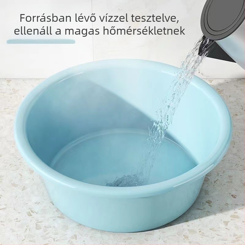 Otthoni használatra tervezett vastag falú kör alakú műanyag mosdótál, nagy méretű, arc- és lábmosáshoz és ruhák mosásához; strapabíró és ütésálló.