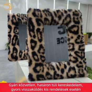 Asztali sminktükör, egyoldalas, leopárd mintázat, velúr bevonatú MDF panelre, fa kerettel