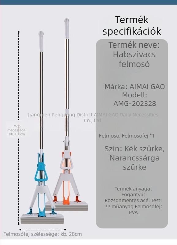 Kéz nélküli szivacs mop, nedvszívó gumivarral fejjel, 130 cm-es teleszkópos nyél