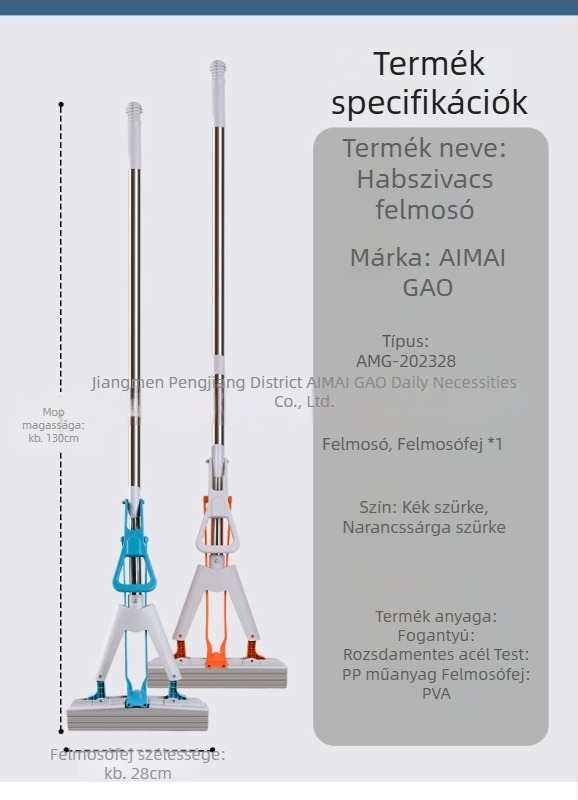Kéz nélküli szivacs mop, nedvszívó gumivarral fejjel, 130 cm-es teleszkópos nyél