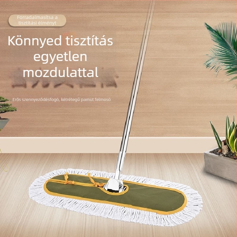Vizes és száraz használatra alkalmas rozsdamentes acél mop, katonai zöld felülettel, cserélhető textil fej (pamutfonal), sík mop