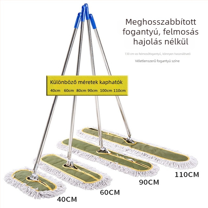 Vizes és száraz használatra alkalmas rozsdamentes acél mop, katonai zöld felülettel, cserélhető textil fej (pamutfonal), sík mop