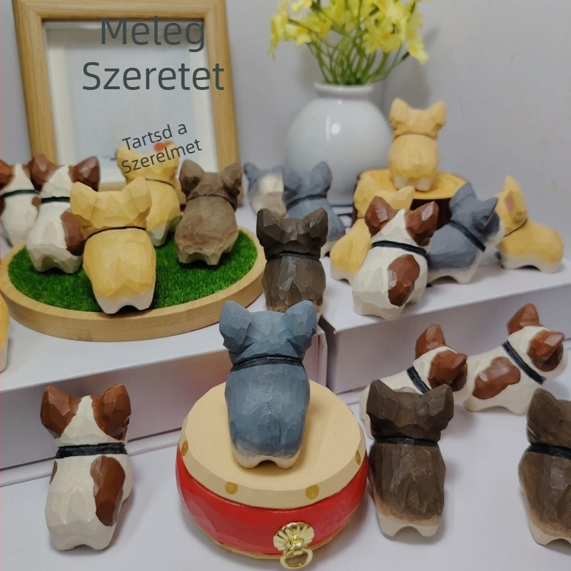 Kézzel készített Francia Bulldog fafigurája, asztalra és autóba díszítésre