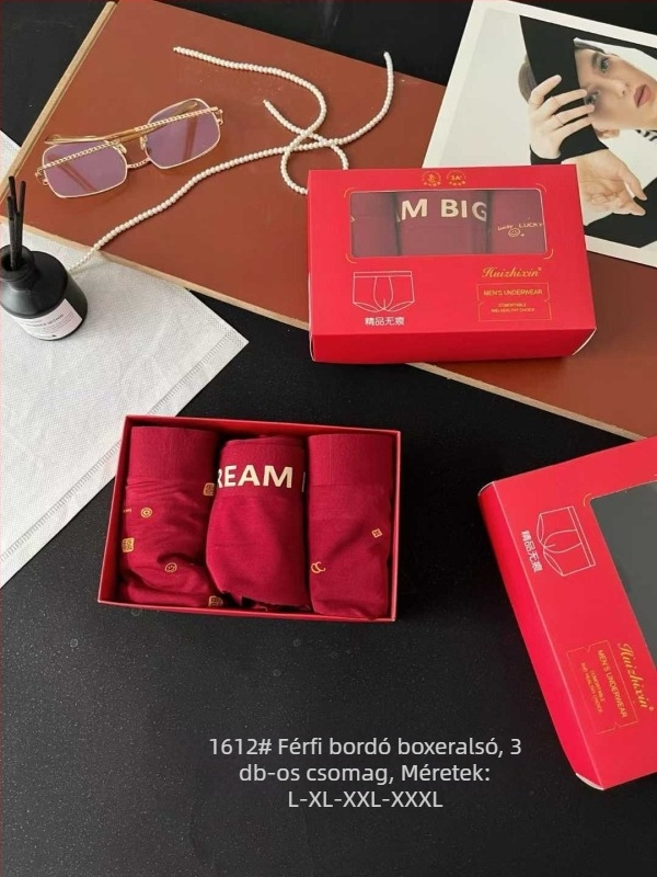 Hui Zhixin 1612 Férfi boxer alsó, 3-darabos dobozos készlet, piros, sötét mintával, modal