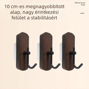 Öntapadó fa kampó bükkfából, sötét dió színű felülettel, lyukasztás nélkül, kulcsokhoz, törölközőkhöz és ruházathoz.