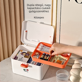 Családi házi gyógyszeres doboz, nagy kapacitású, több rekeszes tároló, hordozható