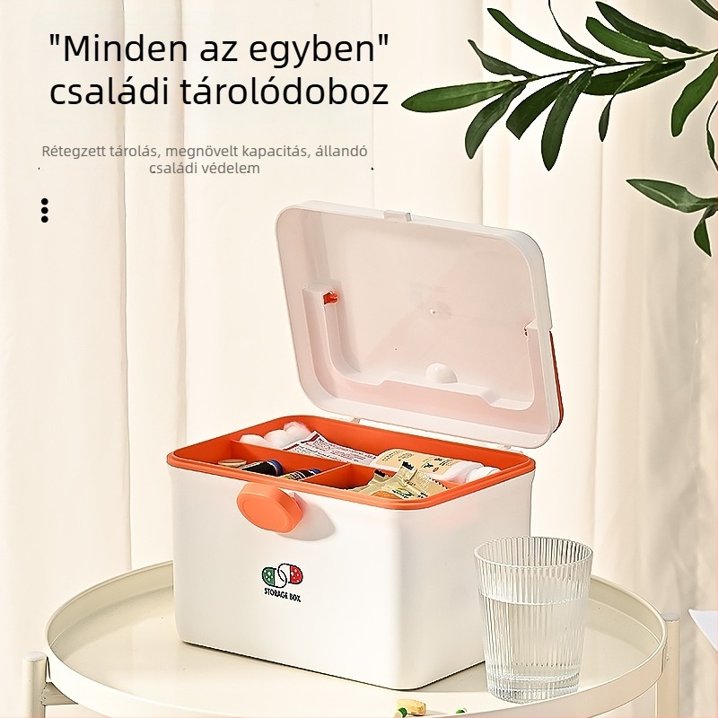 Családi házi gyógyszeres doboz, nagy kapacitású, több rekeszes tároló, hordozható