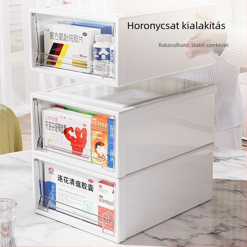 Fiókos gyógyszeres doboz, nagy kapacitású, átlátszó fiókokkal, otthoni gyógyszerekhez