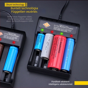 Négy rekeszes 18650 Li-ion akkumulátortöltő USB gyors töltéssel, kompatibilis 14500 és 3.7V–4.2V cellákkal