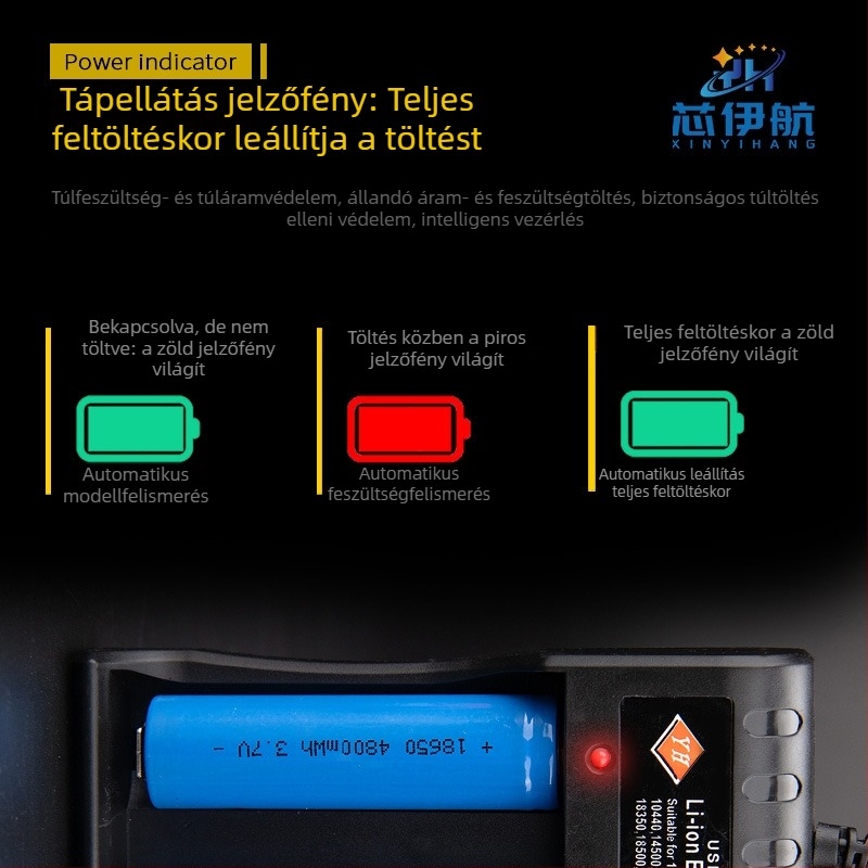 Négy rekeszes 18650 Li-ion akkumulátortöltő USB gyors töltéssel, kompatibilis 14500 és 3.7V–4.2V cellákkal