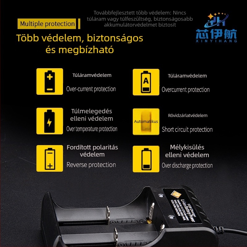 Négy rekeszes 18650 Li-ion akkumulátortöltő USB gyors töltéssel, kompatibilis 14500 és 3.7V–4.2V cellákkal