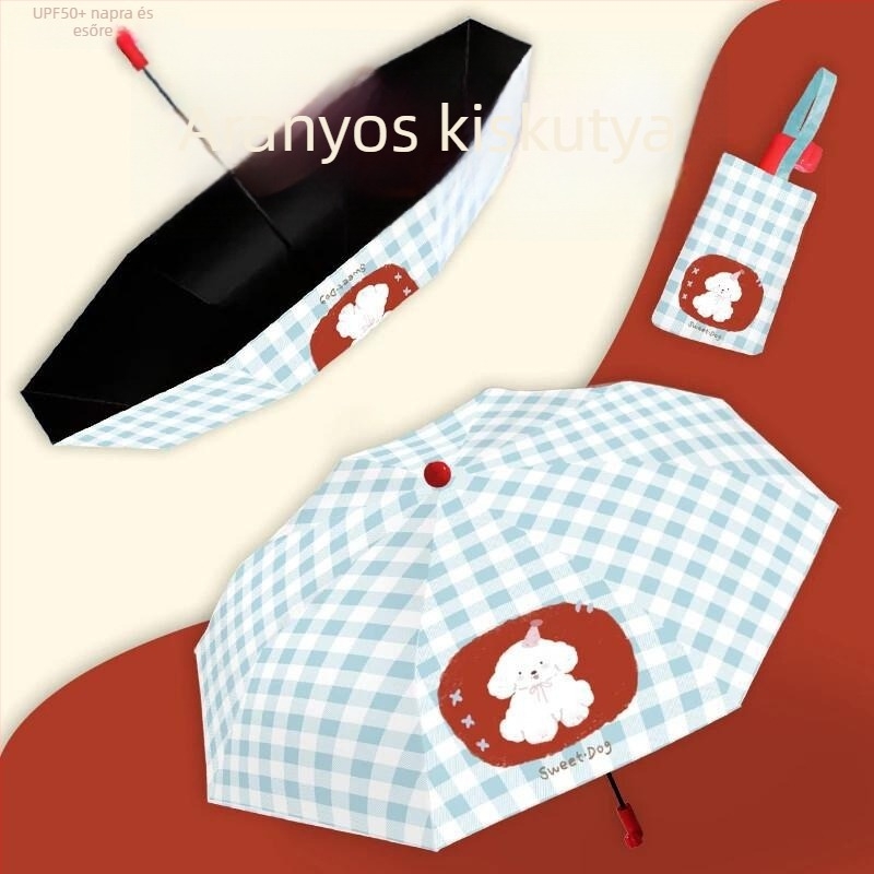 Kockás mintás karikatúra piros orrú esernyő, vinyl UV védelem, esőre és napfényre Apple Meow