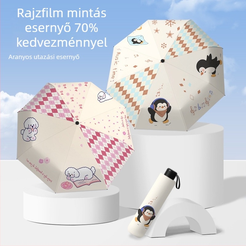Cuki karikatúrás ernyő, magas esztétikai megjelenéssel, fekete UV-bevonattal a napvédelemért, összecsukható iskolai ernyő, testreszabható