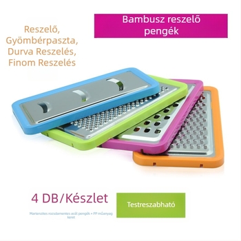 Négy darabos rozsdamentes acél zöldségvágó készlet bambusz vágódeszkával, többfunkciós szeletelő és reszelő, testre szabható