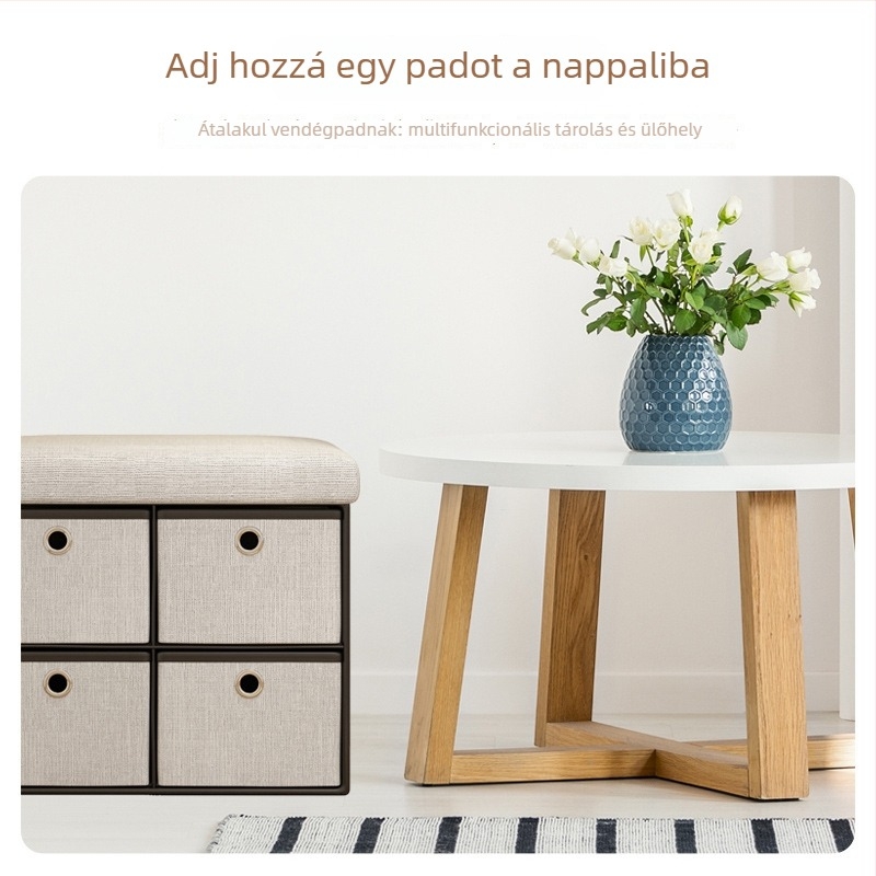 Textil tároló ülőpad beépített fiókkal – előszobai cipő- és tároló megoldás