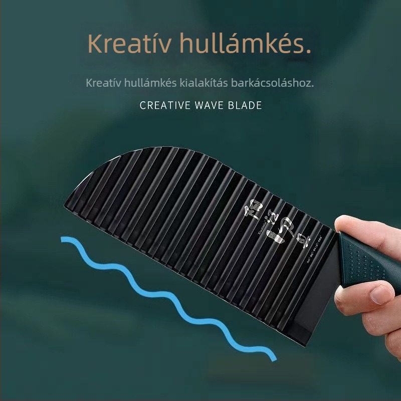 Rozsdamentes acélból készült farkasfogú burgonya kés hullám pengével, szeletelő és reszelő funkcióval, multifunkcionális burgonyavágó
