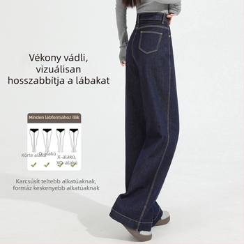 Női sötétkék, magas derekú, szűk egyenes szabású farmer, 2026 őszi, sokoldalú, laza szabás, drapírozott, padlót érő hossz 8307