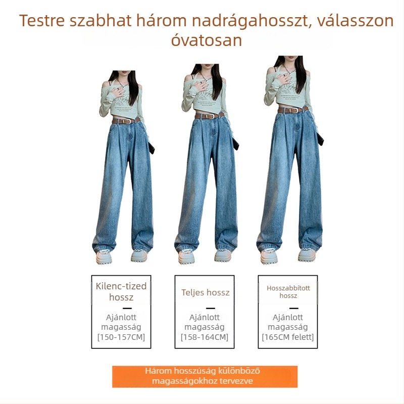 Női magas derékú széles szárú farmernadrág, 2026 tavasz–ősz új modell, laza illeszkedés, optikailag karcsúsító, amerikai retro egyenes szabás