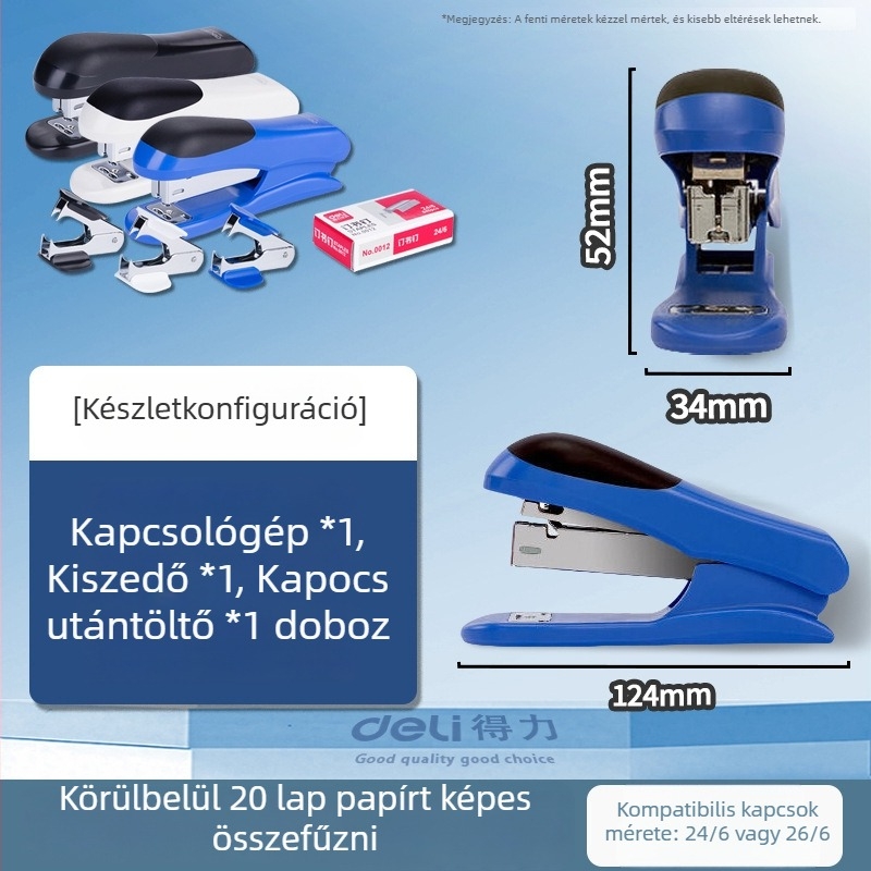 Deli 0355 Készlet tűzőgéppel Nr. 12, tűzőkapcsok és eltávolító, irodai kellékek, karton csomagolás