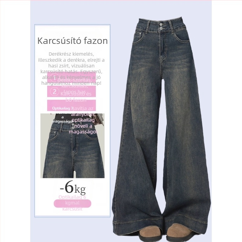 Plusz méretű női farmer, retro kopott hatású, egyenes szabású, magas derékú, karcsúsító fazon, széles szárú