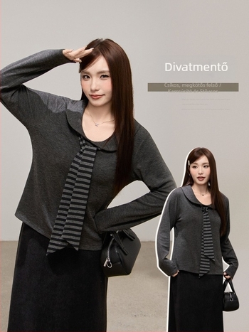 Koreai divat csíkos elöl kötős topp, vastag anyagból, őszi–téli, plusz méret, laza szabású, hosszú ujjú, 65511
