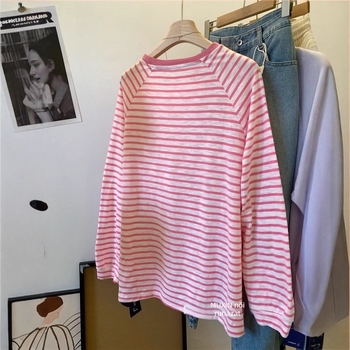 Xia yotu pamut csíkos felső hímzett kontraszt betűkkel, Raglan ujjak, kerek nyak, hosszú ujjú, női, L méret, nyári viselet