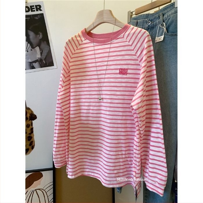 Xia yotu pamut csíkos felső hímzett kontraszt betűkkel, Raglan ujjak, kerek nyak, hosszú ujjú, női, L méret, nyári viselet