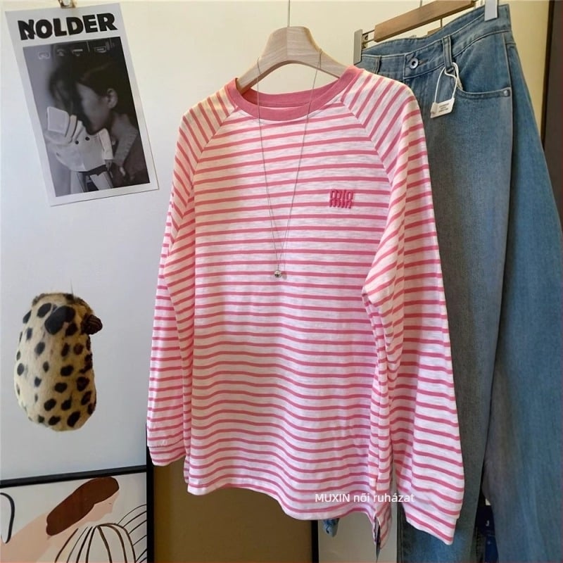 Xia yotu pamut csíkos felső hímzett kontraszt betűkkel, Raglan ujjak, kerek nyak, hosszú ujjú, női, L méret, nyári viselet