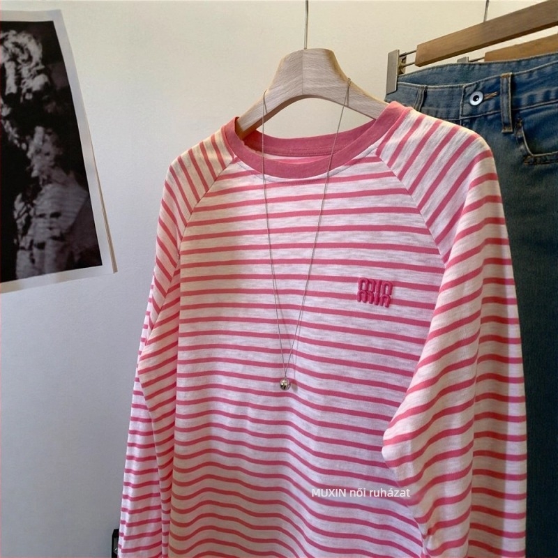 Xia yotu pamut csíkos felső hímzett kontraszt betűkkel, Raglan ujjak, kerek nyak, hosszú ujjú, női, L méret, nyári viselet