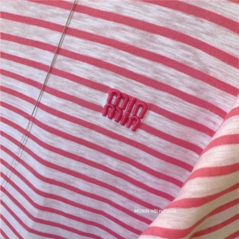Xia yotu pamut csíkos felső hímzett kontraszt betűkkel, Raglan ujjak, kerek nyak, hosszú ujjú, női, L méret, nyári viselet