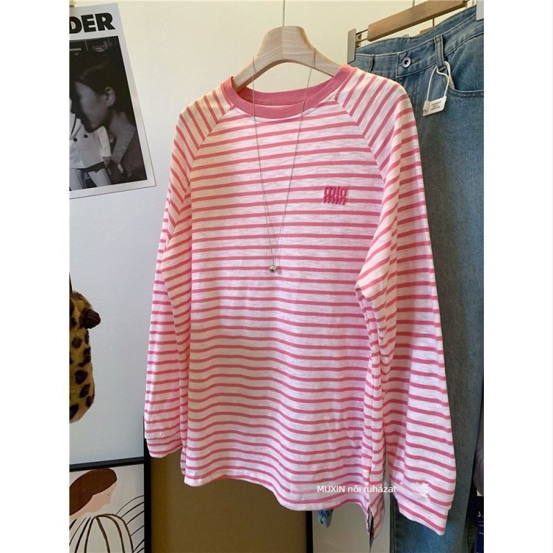 Xia yotu pamut csíkos felső hímzett kontraszt betűkkel, Raglan ujjak, kerek nyak, hosszú ujjú, női, L méret, nyári viselet