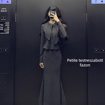 150 cm alacsony termetű női készlet: Francia stílusú szalaggal díszített kardigán felső és magas derekú halas farkú szoknya, téli, prémium minőség