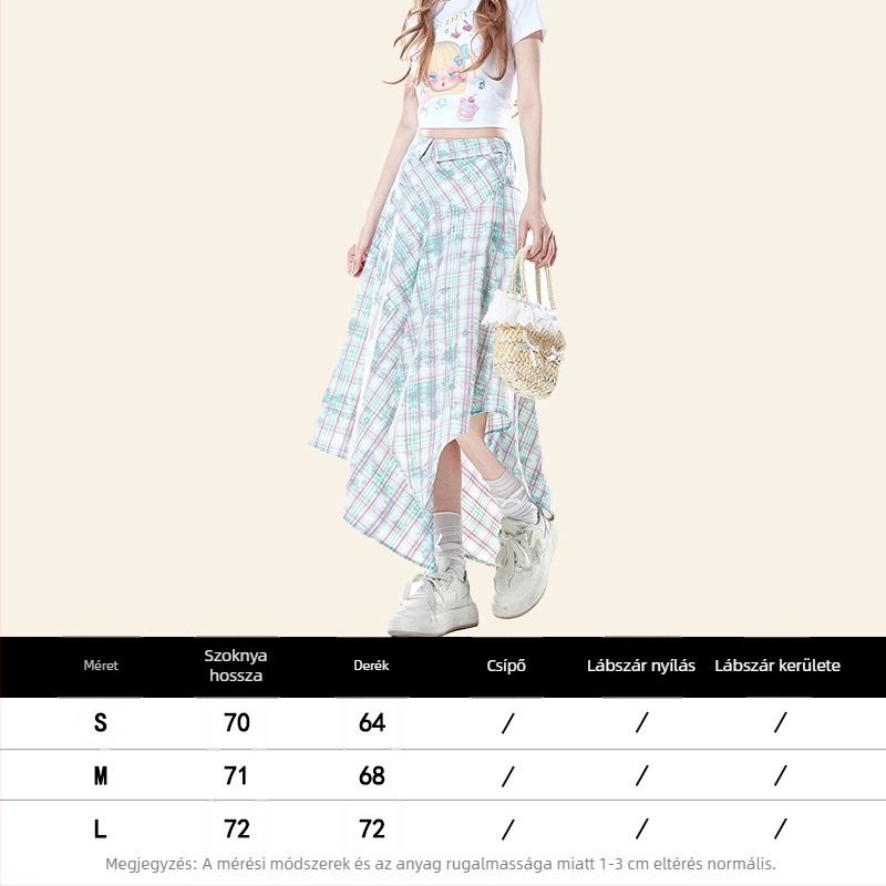 Tie-dye kockás midi szoknya egyenetlen derék részlettel, nyári casual, poliészter