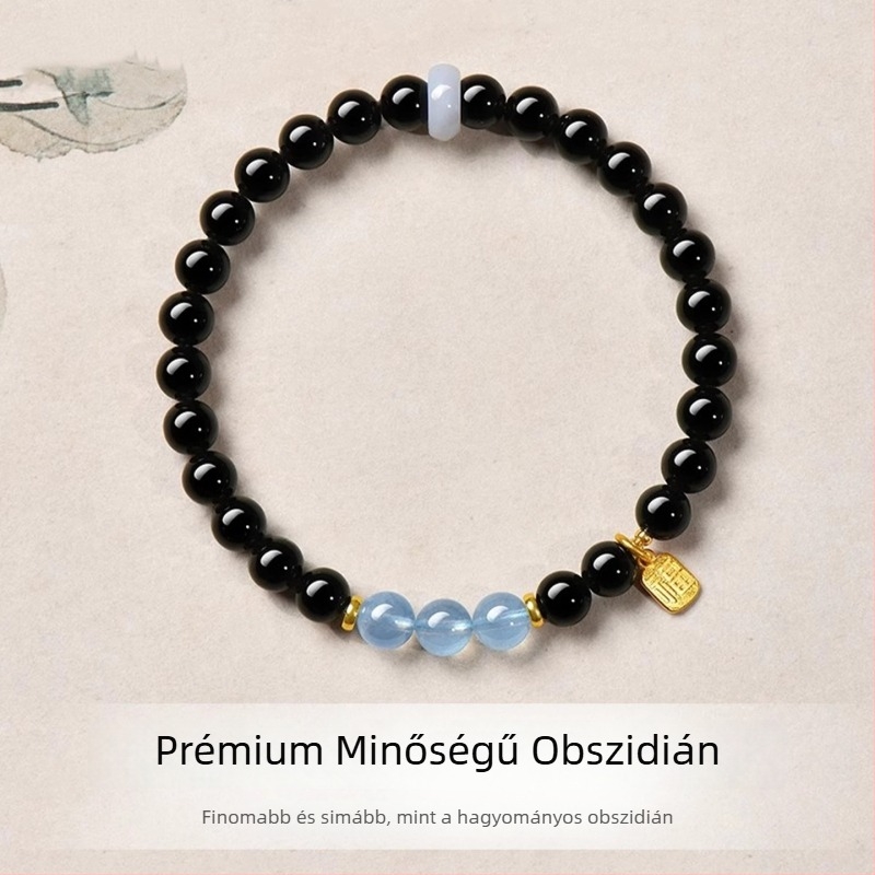 Természetes obszidián kettős körös karkötő akvamarinnal és Hetian jáde kővel, uniszex, könnyű luxus ajándék