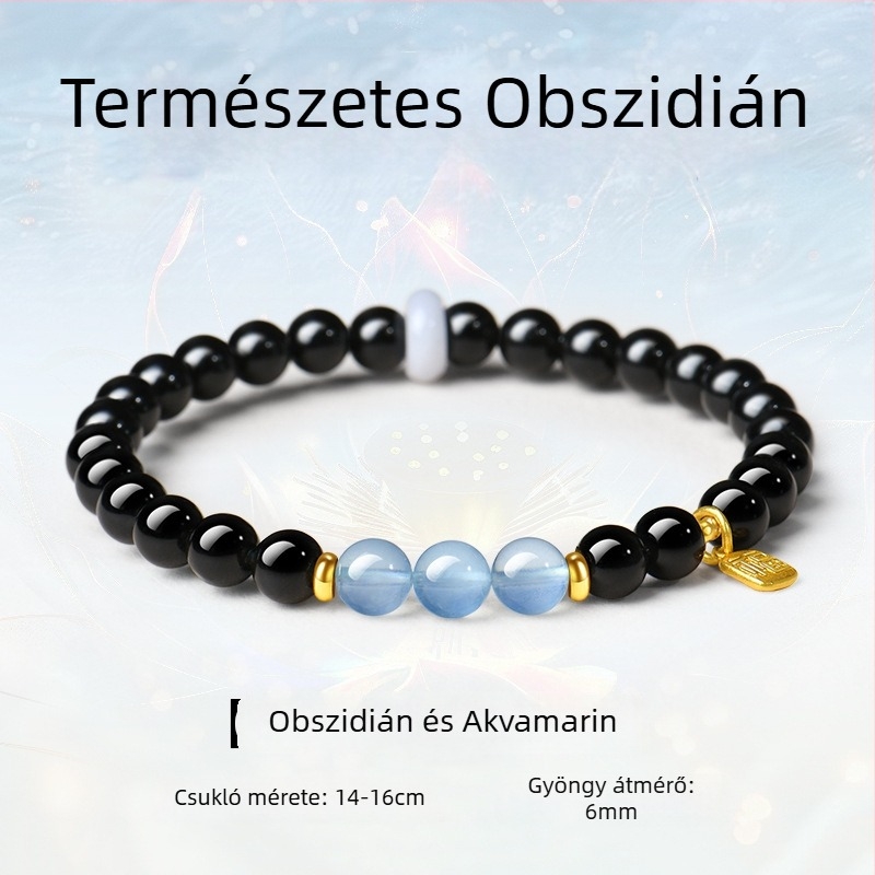 Természetes obszidián kettős körös karkötő akvamarinnal és Hetian jáde kővel, uniszex, könnyű luxus ajándék