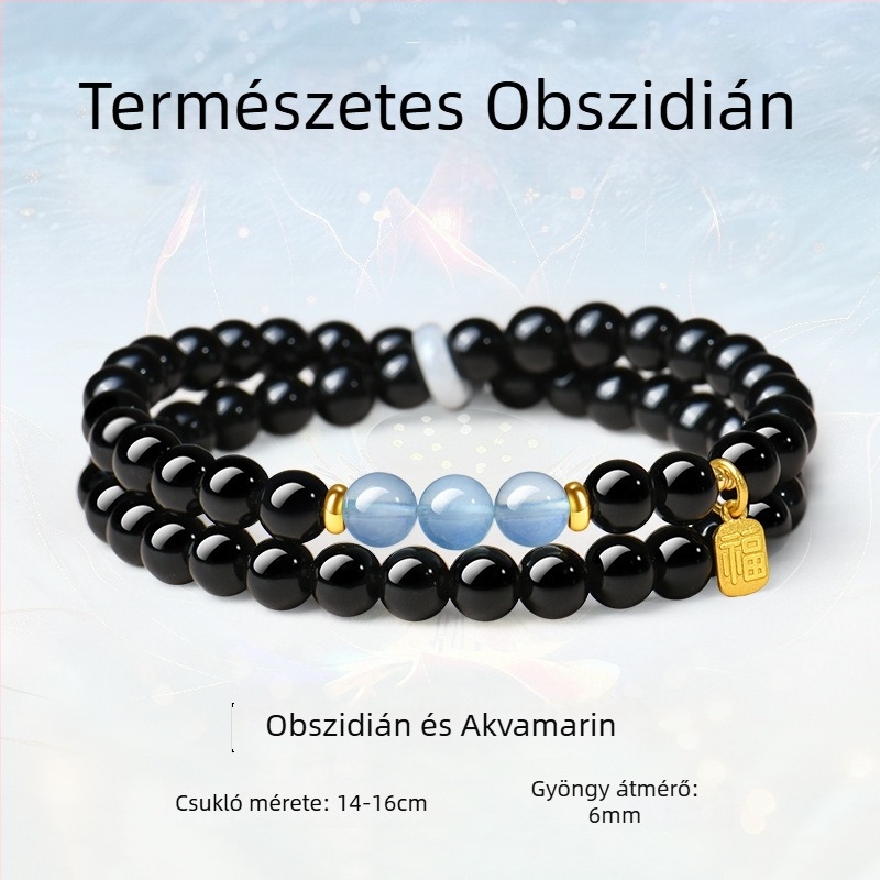 Természetes obszidián kettős körös karkötő akvamarinnal és Hetian jáde kővel, uniszex, könnyű luxus ajándék