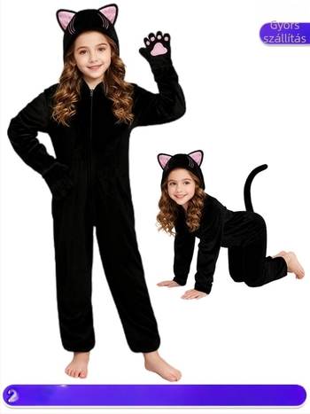 Macska jelmez kislányoknak, fekete macska overál Halloweenre és színpadi előadásokhoz